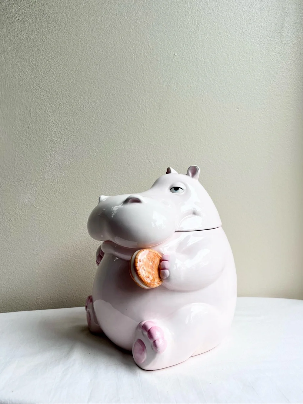 Rare Vintage Fitz And Floyd Pink Ceramic Hippo Cookie Jar Good Condition 1980s